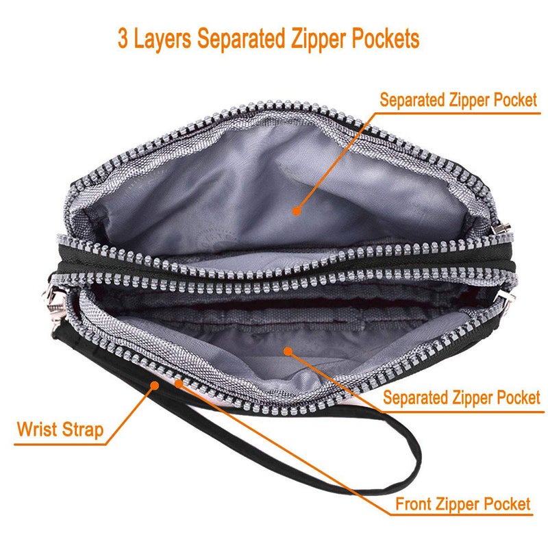 LassZone Womens Nylon Phone Purse Three Zipper Long Clutch Wallet Purse Smartphone Wristlet Wallet for Cellphone Card Coin - Image 5